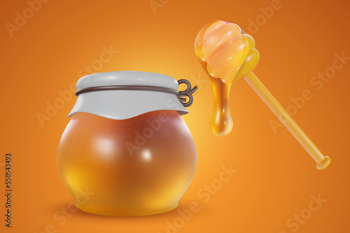 3d cartoon glass honey jar in vector realistic funny style. Cute art element. Trendy plasticine or glossy clay design object. Sweet colorful illustration on minimal background.