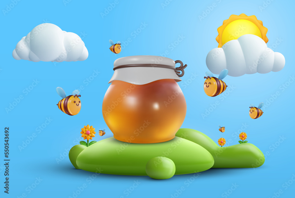 3d cartoon composition with honey jar, bee and sun on green hill in vector realistic funny style