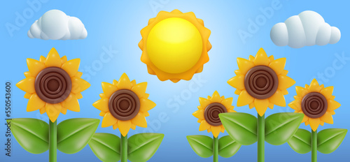 3d cartoon composition with sunflowers and sun in vector realistic funny style. Modern plasticine or glossy clay design concept art. Sweet colorful illustration on minimal background.