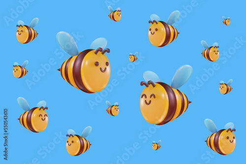 3d cartoon bee in vector realistic funny style. Cute art element. Funny plasticine or glossy clay design object. Sweet colorful illustration on blue background.