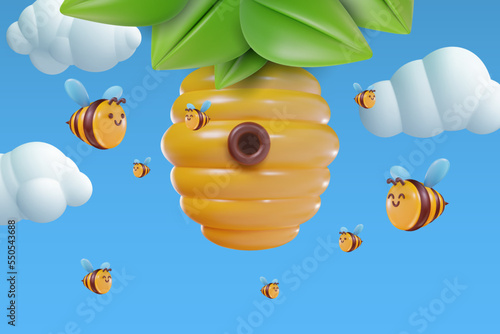 3d cartoon bee hive in vector realistic funny style. Cute art element. Funny plasticine or glossy clay design object. Sweet colorful illustration on blue background.