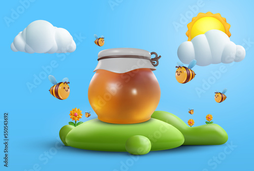 3d cartoon composition with honey jar, bee and sun on green hill in vector realistic funny style. Plasticine or glossy clay design concept art. Sweet colorful illustration on minimal background.