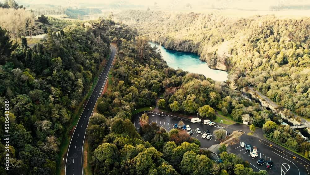 Huka Falls in Taupo, New Zealand. Amazing aerial view on a beautiful afternoon Huka Falls in Taupo, New Zealand. Amazing aerial view on a beautiful afternoon