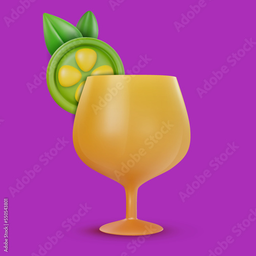 3d realistic cocktail drink for juice or alcohol with green fruit slice and two leafs. Vector object in modern minimal cartoon glossy style. Sweet colorful illustration isolated on clear background.