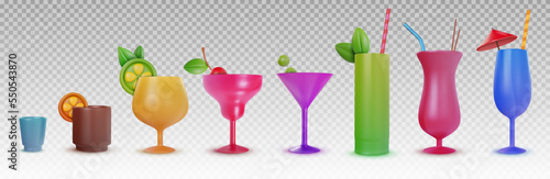 Set 3d realistic cocktail drinks for juice or alcohol. Collection vector object in modern minimal cartoon glossy style. Sweet colorful illustration elements isolated on transparent background.