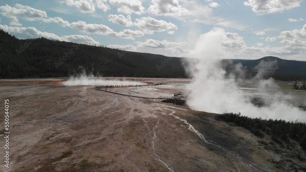 Midway Geyser Basin, Yellowstone. Beautiful aerial view of National Park main attraction Midway Geyser Basin, Yellowstone. Beautiful aerial view of National Park main attraction