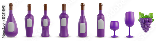 Set 3d realistic bottles for wine, or alcohol various shape with wineglass and grape in cartoon minimal style. Collection modern design art elements isolated on white background. Vector illustration.