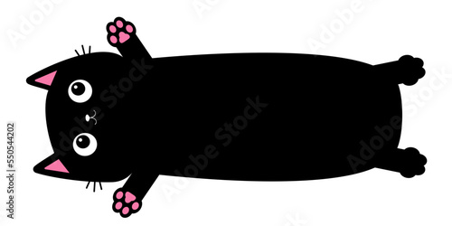 Cute black cat. Long body with pink paw print. Cartoon baby character. Funny face head silhouette. Happy Halloween. Meow. Kawaii animal. Pet collection. Flat design. Isolated. White background.