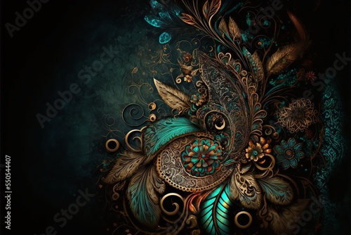 Bohemian  boho  background with teal swirl  generative art 