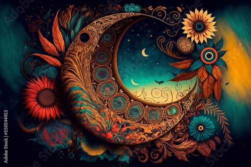 Bohemian (boho) backgroundwith crescent moon and flowers, generative art 