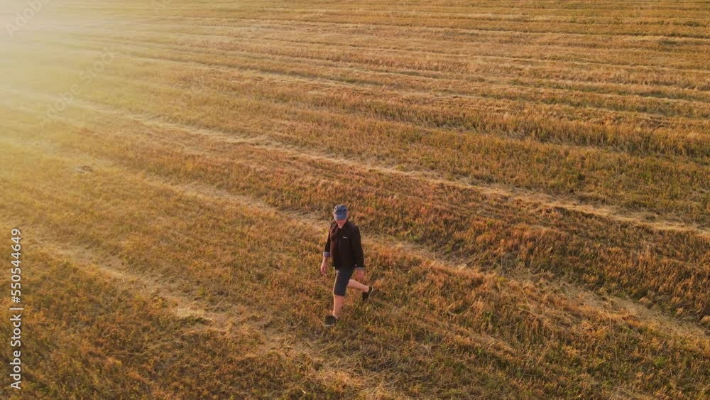 Drone follows a farmer walking through a harvested wheat field Drone follows a farmer walking through a harvested wheat field
