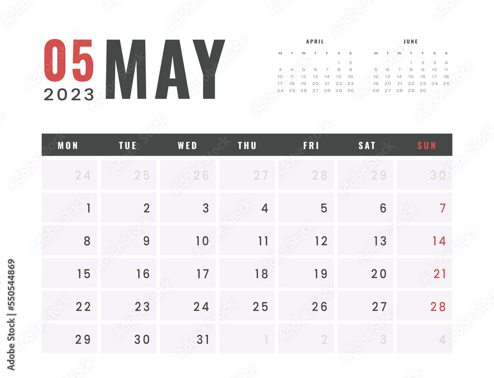 Monthly Calendar Template of may 2023. Vector simple gray grid layout for wall or desk calendar with week start on Monday for print Monthly Calendar Template of may 2023. Vector simple gray grid layout for wall or desk calendar with week start on Monday for print