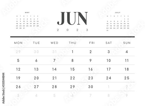 Monthly Calendar Template of june 2023. Vector layout simple calendar with week start monday.