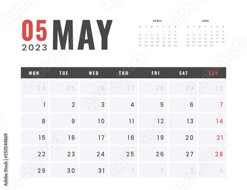 Monthly Calendar Template of may 2023. Vector simple gray grid layout for wall or desk calendar with week start on Monday for print