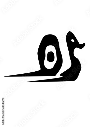 Motif ressemblant à un œuf avec une traine de couleur noir et blanc et un motif ressemblant un canard avec une petite trainer en arrière de couleur noir.