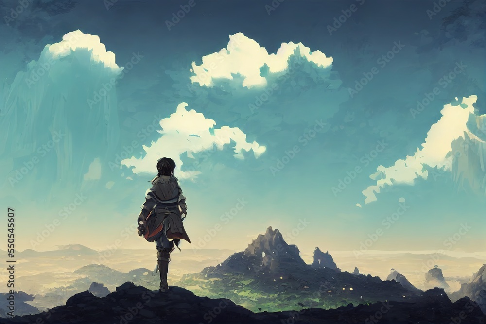 Adventurer walking on a mountain path. A warrior fantasy character with ...