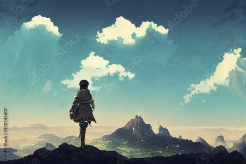 Adventurer walking on a mountain path. A warrior fantasy character with a sword and back exploring. A knight walking in the kingdom. Epic landscape. Anime, cartoon digital artwork painting. photo
