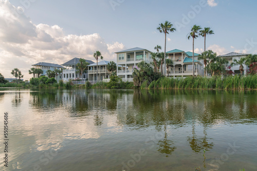 Destin, Florida- Row of houses with terraces with lakefront view