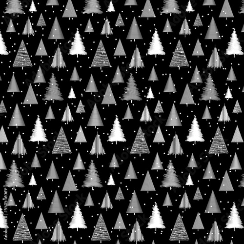 Christmas tree and snow pattern in scribble style. Black background white Christmas tree.