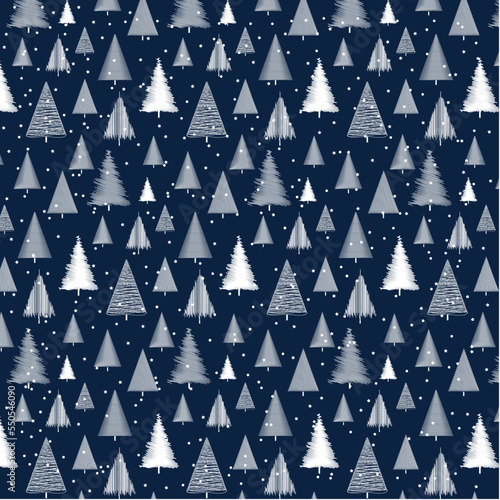 Winter seamless pattern with Christmas trees, stars, and snow. Scribble Christmas tree pattern blue background.