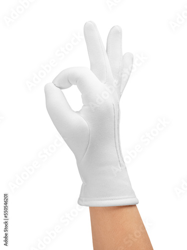 A hand in a white glove showing the ok gesture highlighted on a white background. OK, a hand sign. Close-up. © Andrey_Maksimov