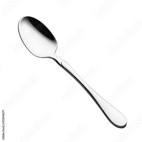 A shiny metal spoon with a classic elegant shape on a white background. perfect retouching. Side and top view. Copy space. Advertising, design. flatware