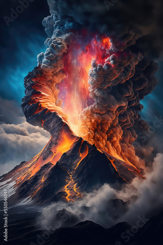 AI generated image of a violent volcanic eruption 