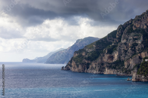 Rocky Cliffs and Mountain Landscape by the Tyrrhenian Sea. Amalfi Coast, Italy. Nature Background.