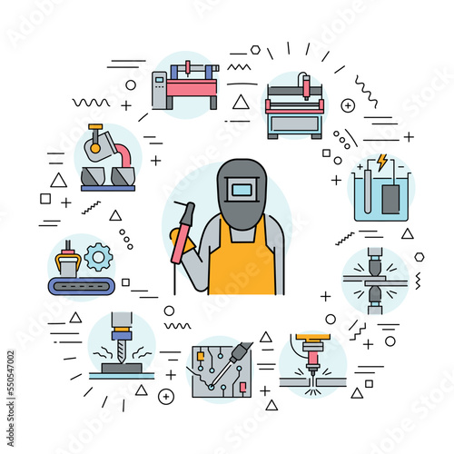 Metal work web banner. Infographics with linear icons