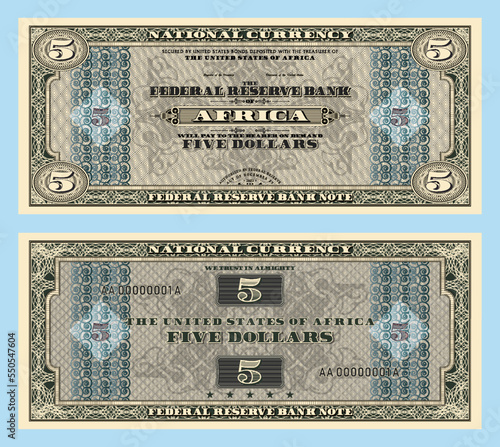 Vector fictional African money with a face value of 5 dollars. Obverse and reverse of the banknote with a guilloche frame and a geometric pattern. The United States of Africa