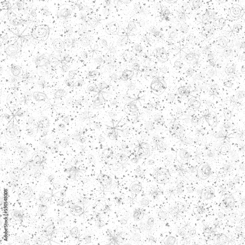 Hand Drawn Snowflakes Christmas Seamless Pattern. Subtle Flying Snow Flakes on chalk snowflakes Background. Amusing chalk handdrawn snow overlay. Uncommon holiday season decoration.