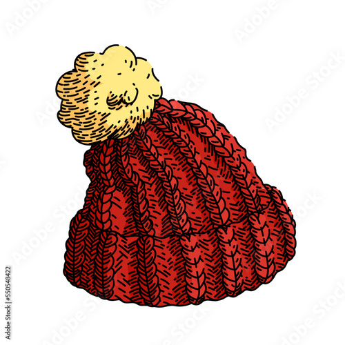 hat winter hand drawn vector. cap wool, cold head, snow ski, fabric warm, accessory knit, fashion weather, woolen, heat hat winter sketch. isolated color illustration