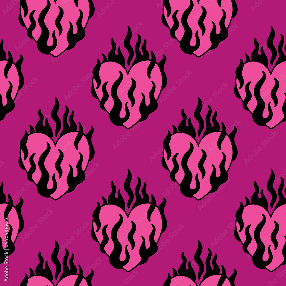 Y2k black and pink seamless pattern. Emo hearts on fire Y2k black and pink seamless pattern. Emo hearts on fire