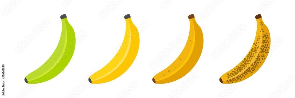 Banana ripeness. Stages of growth and ripening of banana fruit. Selection of ripe banana.