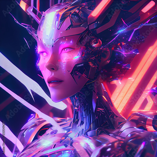 Detailed female super robot with bright neon light rays on black background. modern digital art illustration.
