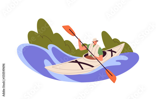 Person rowing with paddles, kayaking. Man with oars in canoe, rafting in river water on summer holidays. Solo kayaker sitting in rowboat. Flat vector illustration isolated on white background