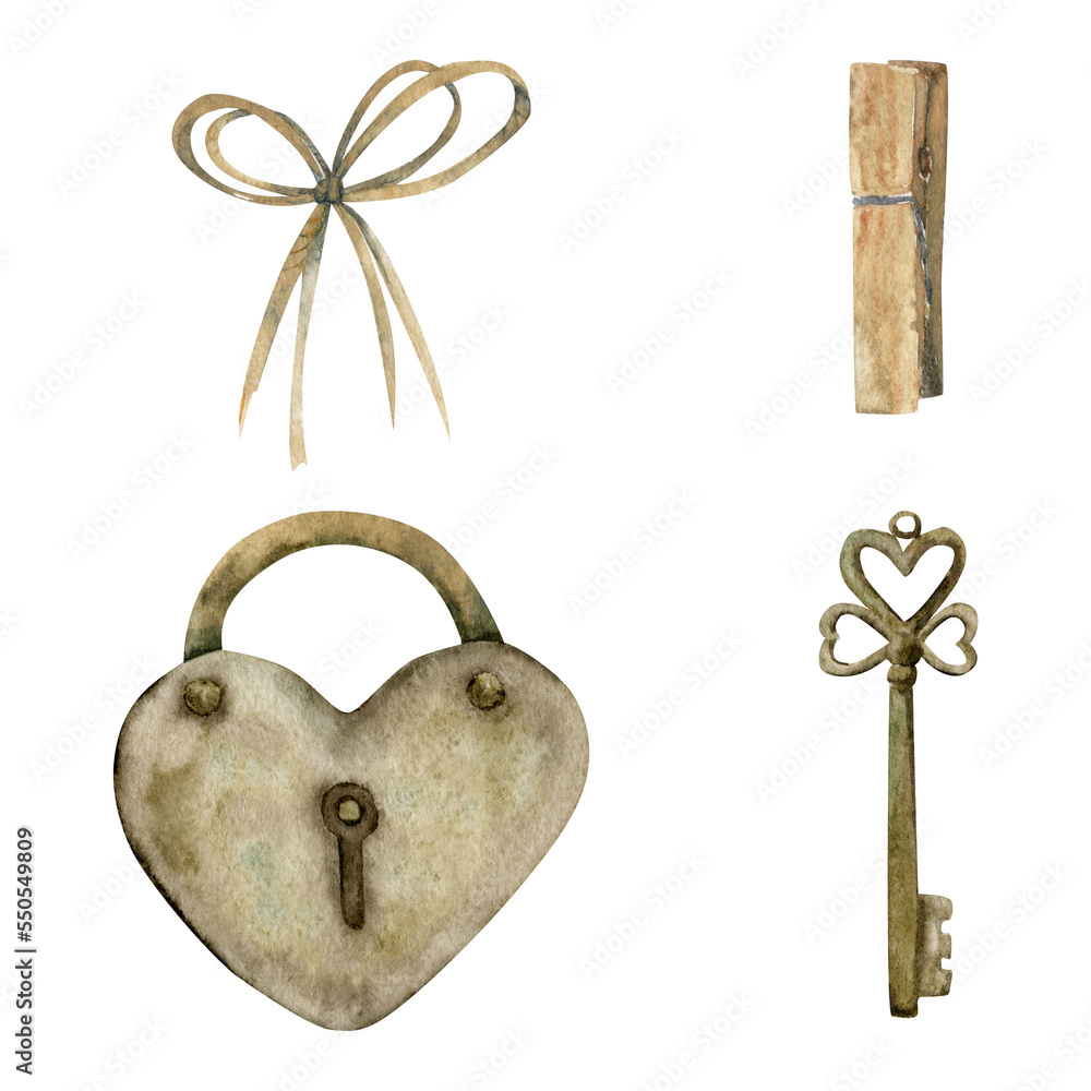 Watercolor hand drawn set of objects, rope bow, vintage lock and key ...