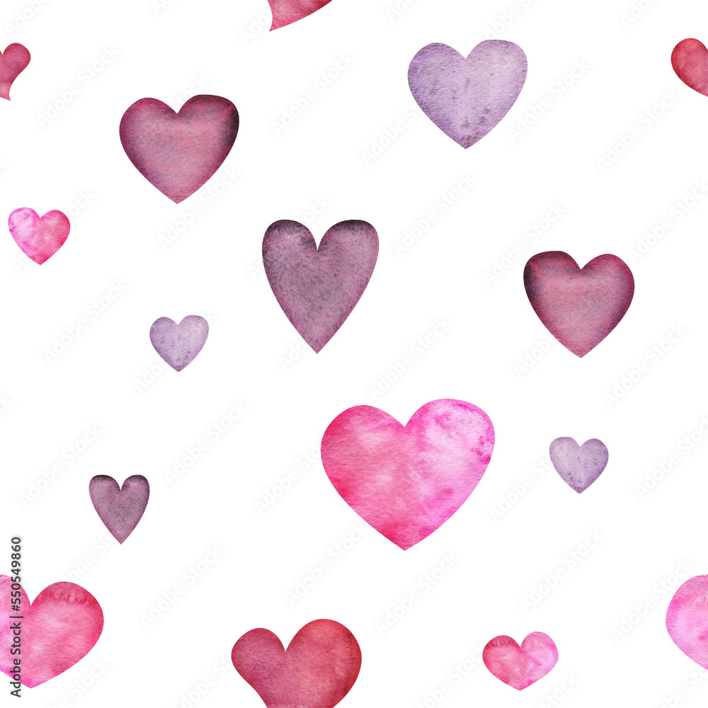 Watercolor hand drawn seamless pattern of red and purple hearts for Valentine's day. Isolated on white background. Design for paper, love, greeting cards, textile, print, wallpaper, wedding