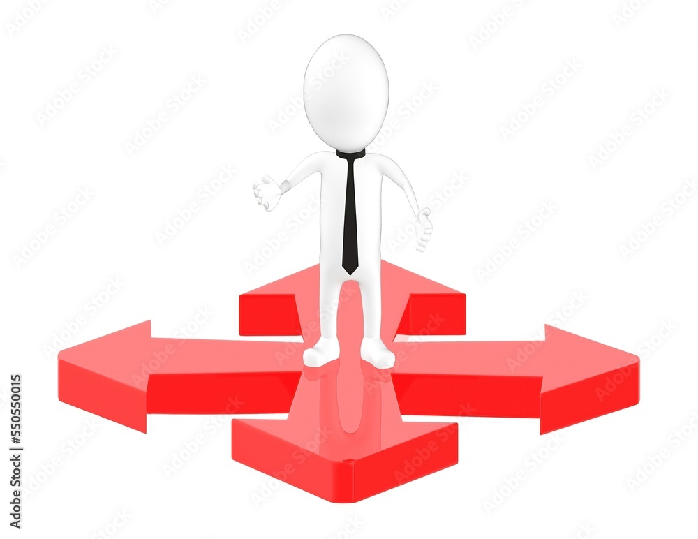 3d character , man standing , four direction arrows , confused 3d character , man standing , four direction arrows , confused