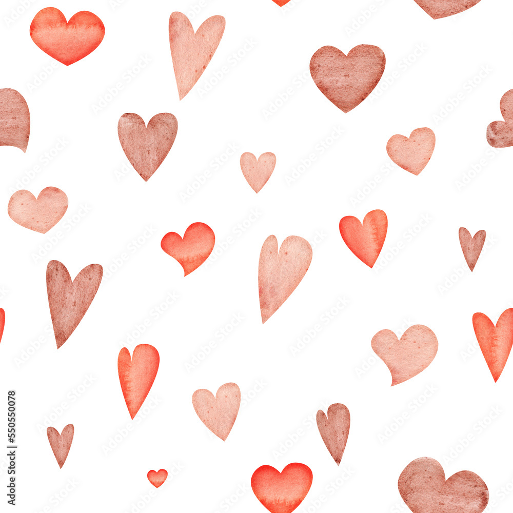 Watercolor hand drawn seamless pattern of red, pink and beige hearts for Valentine's day. Isolated on white background. Design for paper, love, greeting cards, textile, print, wallpaper, wedding