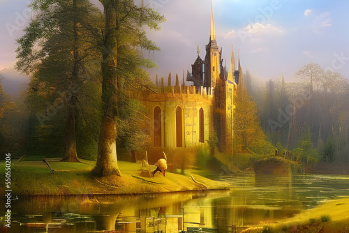 Dreamy landscape with sunset over castle ruins by a forest lake. Amazing 3D landscape. Digital illustration. CG Artwork Background
