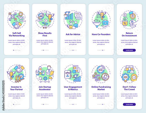 Attracting investors methods onboarding mobile app screen set. Walkthrough 5 steps editable graphic instructions with linear concepts. UI, UX, GUI template. Myriad Pro-Bold, Regular fonts used