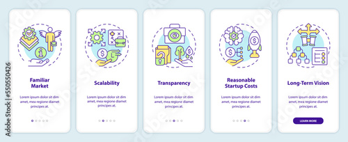 Traits that attract investors onboarding mobile app screen. Walkthrough 5 steps editable graphic instructions with linear concepts. UI, UX, GUI template. Myriad Pro-Bold, Regular fonts used