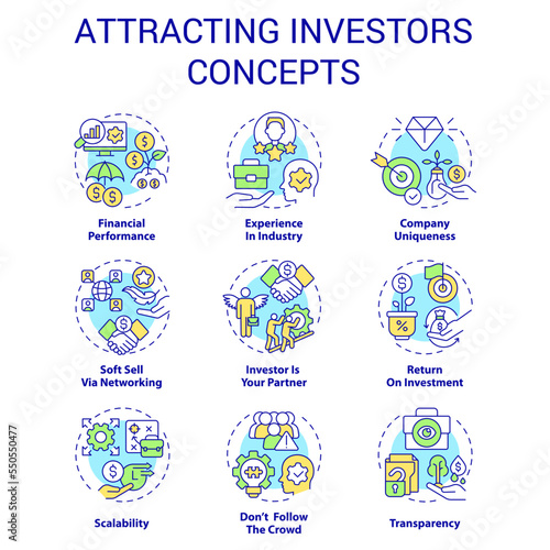 Attracting investors concept icons set. Involve funding. Startup traits. Small business idea thin line color illustrations. Isolated symbols. Editable stroke. Roboto-Medium, Myriad Pro-Bold fonts used © bsd studio