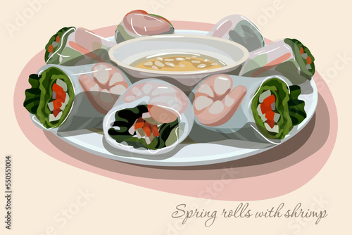 Illustration of an Asian spring rolls with shrimp on a plate with a decoration. On the table is a dish with chopsticks. Suitable for printing menus in a restaurant.