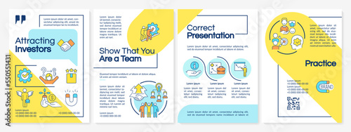 Attracting investors blue and yellow brochure template. Involve funds. Leaflet design with linear icons. Editable 4 vector layouts for presentation, annual reports. Questrial, Lato Regular fonts used