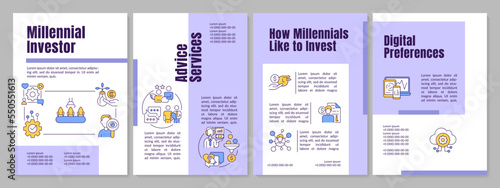 Millennial investors purple brochure template. Entrepreneurship. Leaflet design with linear icons. Editable 4 vector layouts for presentation, annual reports. Anton, Lato Regular fonts used