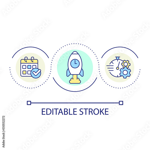 Launching new product on time loop concept icon. Release management calendar. Project schedule abstract idea thin line illustration. Isolated outline drawing. Editable stroke. Arial font used