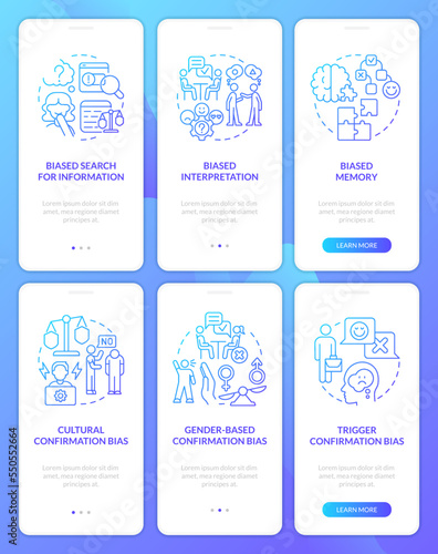 Confirmatory bias blue gradient onboarding mobile app screen set. Walkthrough 3 steps graphic instructions with linear concepts. UI, UX, GUI template. Myriad Pro-Bold, Regular fonts used