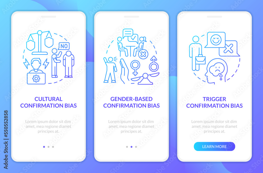 Confirmation bias in recruitment blue gradient onboarding mobile app screen. Walkthrough 3 steps graphic instructions with linear concepts. UI, UX, GUI template. Myriad Pro-Bold, Regular fonts used